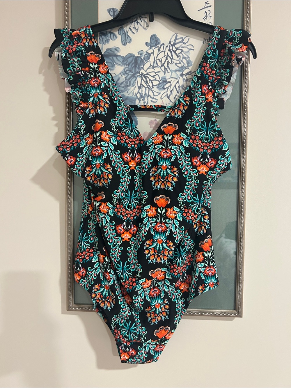 Women’s

 Floral Ruffle One-Piece Swimsuit - Black with Teal & Orange Floral